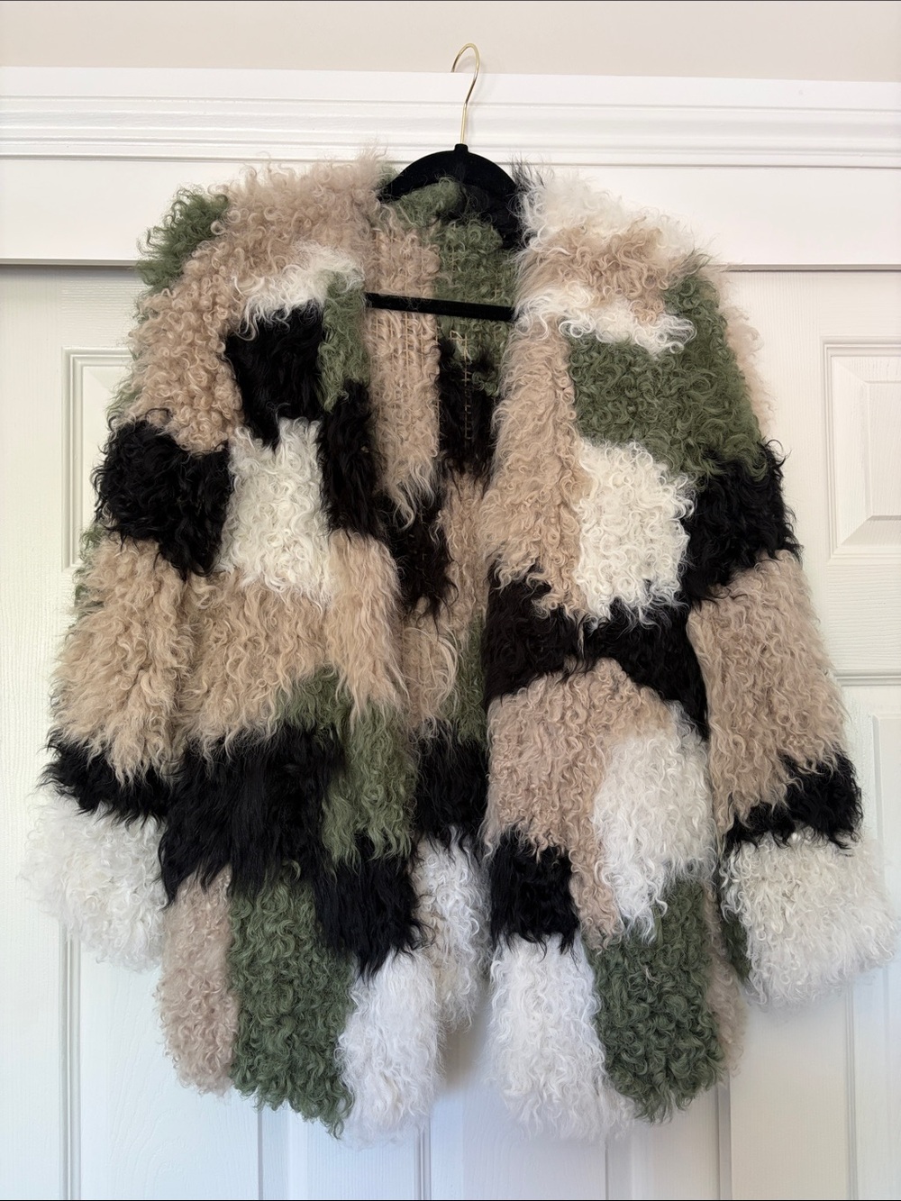 Custom Mongolian Shearling Patchwork Jacket in Olive, Beige & Black